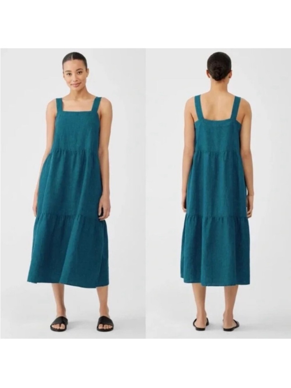 Eileen Fisher organic linen teal tiered midi dress